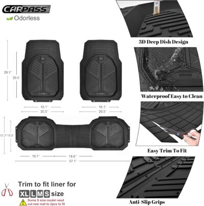 CAR PASS Heavy Duty Rubber Car Mats, Deep-Dish Odorless Car Floor Mats All Weather, Universal Trim-to-Fit for SUVs Trucks Sedans, Waterproof Anti-Slip, 3 Pieces V12 Black - Image 4