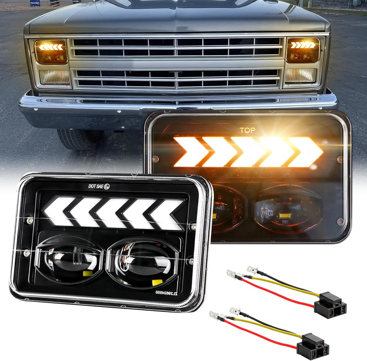 81DdgjrFlaL._AC_SL1500_.jpg 2PCS 4x6 LED Headlights for S10 1995 1996 1997 with High/Low Beam, White DRL Arrow Sequential Amber Turn signals Rectangular DOT 4x6 LED Headlights - Image 1