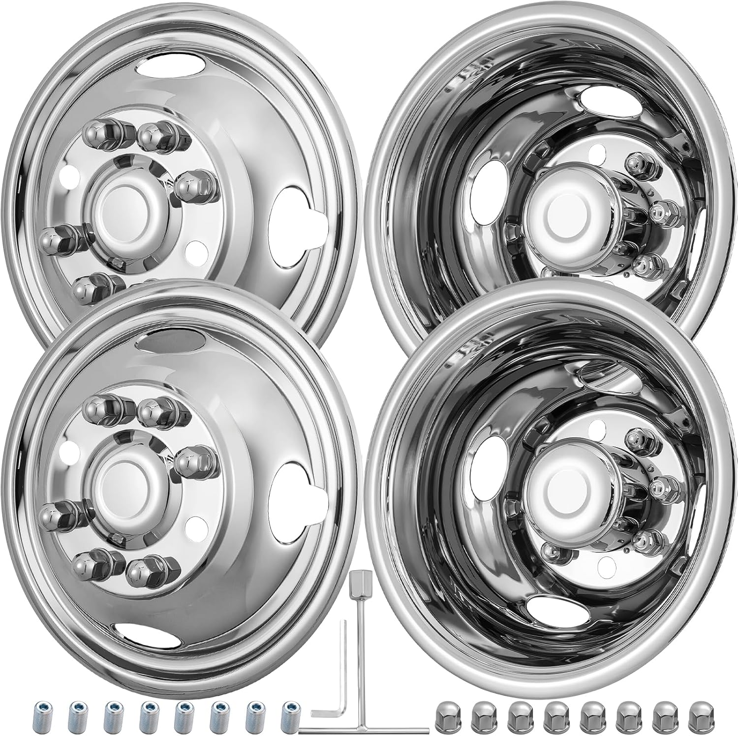 81DtqJ2C3-L._AC_SL1500_.jpg 16"Wheel Simulators,16"8 Lug Stainless Steel Hubcaps with Wheel Lug Bolts Kit,Polished Finish,2Front Wheels/2Rear Wheels,Wheel Simulators Suitable for Ford E350/E450 (1992-2016,2018-2021;2017Not Fit) - Image 1