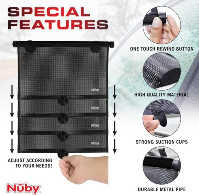 Nuby 14" Roller Vehicle Side Window Sun Protection Shade for Baby | 2 Pack | Pull Down with Suction Cups and Press Button Roll Up | Black - Image 6