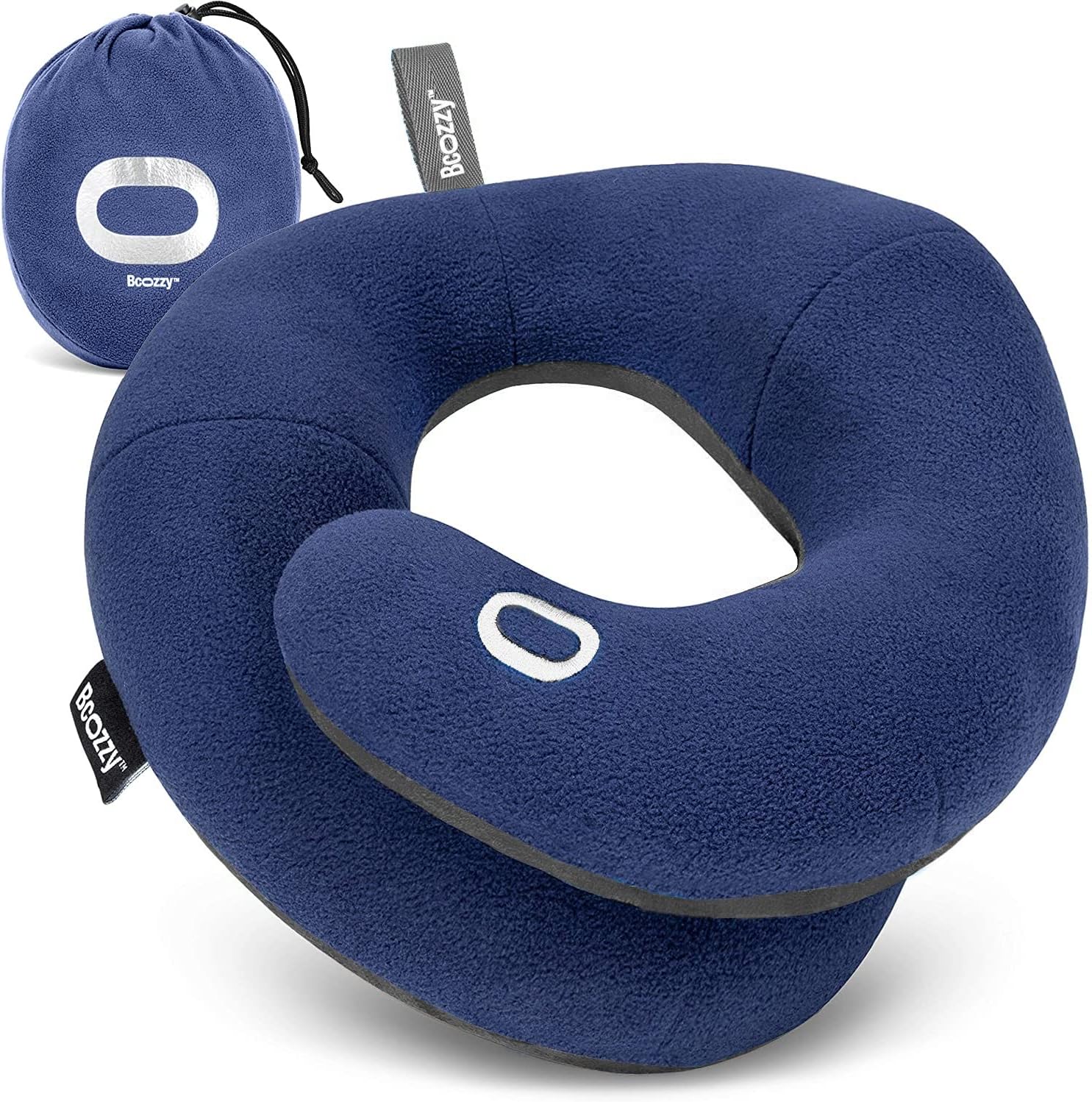 81DxyinQWyL._AC_SL1500_.jpg BCOZZY Travel Neck Pillow for Airplane – Patented Double Support for Head, Neck, and Chin. Best for Long Flights, Plane Sleeping, and Car Rides. Adjustable Size. Fully Washable. Carry Bag. Large, Navy - Image 1
