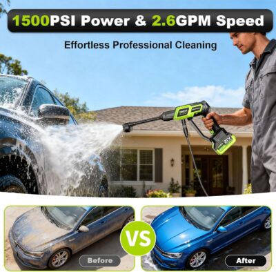 Cordless Pressure Washer 1500PSI 2.6GPM 400W Brushless Motor,Portable Electric Power Washer, 2 Batteries, Fast Charger, 6-in-1 Nozzle, Extension Rod, 16.4FT Hose & Storage Case for Car Home Cleaning - Image 3