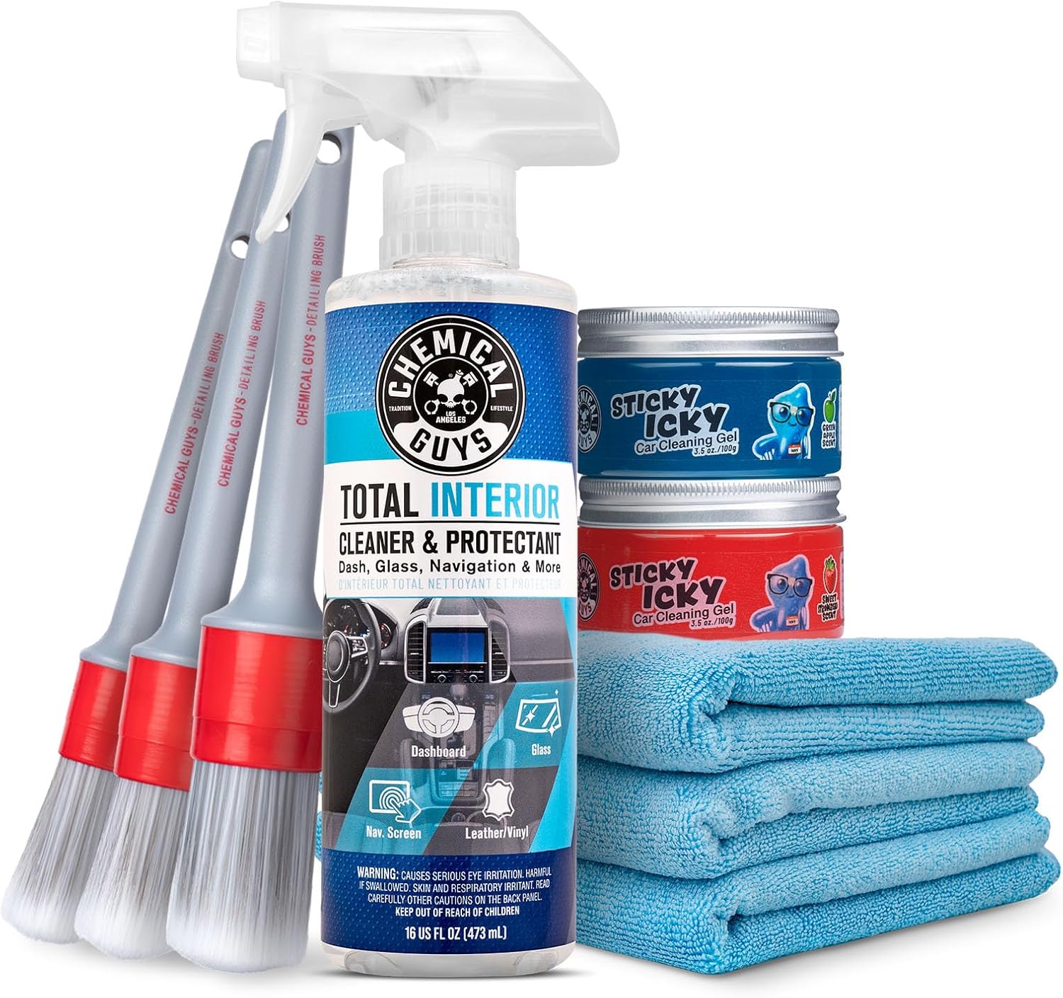 81EAXw9UWL._AC_SL1500_.jpg Chemical Guys Car Cleaning Kit Interior 9-Piece - Total Interior Cleaner, Sticky Icky Green Apple & Strawberry Detailing Gel, 3 Detailing Brushes, 3 Towels, Safe for Cars, Trucks, SUVs & More - Image 1