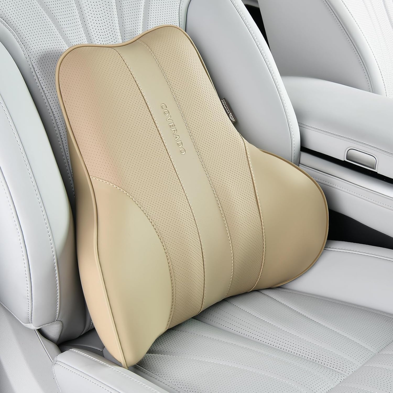 81EF8hAqqL._AC_SL1500_.jpg Coverado Lumbar Support Pillow for Car, Ergonomic Memory Foam Back Pillow for Office Chair, Back Cushion for Back Pain Relief, PU Leather Car Lumbar Support for Driving Seat - Beige - Image 1
