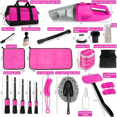 ThinkLearn Car Cleaning Kit, Car Vacuum Detailing Kit Interior with High Power Handheld Vacuum, Including 7Pcs Detailing Brush Set, Windshield Cleaner, Pink Car Accessories for Women - Image 7