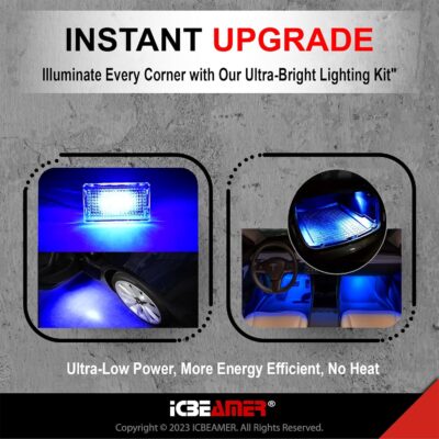ICBEAMER For Tesla Interior LED Lights Kit: Ultra-bright, easy plug-in, with a panel removal tool. Fits Model 3, S, Y, X. Trunk, Frunk, Door Puddle, Foot-Well, Fit Tesla Accessories(4 Packs in Blue). - Image 3