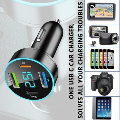 4-Port USB Car Charger,Car Charger Adapter with Blue LED,PD+QC3.0+Type C Ports Car Charger Adapter for Car Truck SUV Compatible with iPhone/Android (QC3.0+PD+2.4A+Type-C) - Image 4