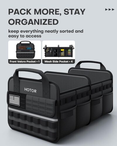 HOTOR Tactical Car Trunk Organizer - Foldable Trunk Organizer for SUV with Front MOLLE Pocket & Reflective Strips, Essential Car Accessories for Tools & Outdoor Storage, 12.8" x 21.7" x 11.0", Black - Image 2