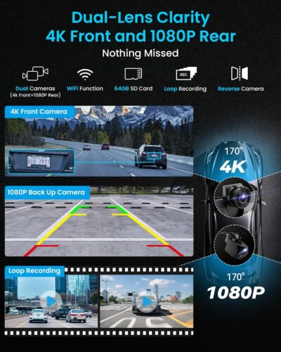 IK9 9" Wireless CarPlay & Android Auto Screen, Portable Car Stereo with 4K Dash Cam & 1080p Rear Camera, CarPlay with Backup Camera, Touch Screen GPS Display, Mirror Link, Apple Car Play Screen - Image 4