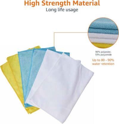 Amazon Basics Microfiber Cleaning Cloths for Cars, Non-Abrasive, Highly Absorbent, Lint and Scratch-Free, Reusable and Washable, Car Detailing Towels, 16" x 12", Blue/White/Yellow, 144-Pack - Image 4