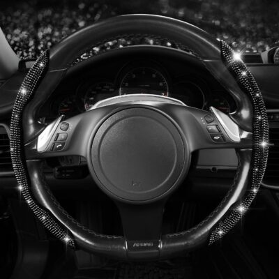 CAR PASS 2PCS Bling Diamond Segmented Steering Wheel Cover with Crystal Rhinestones, Wheel Protector Non-Slip Cute Car Accessories Universal Fit D-Shape O-Shape 14.5" to 16" for Women, Black Diamond - Image 8