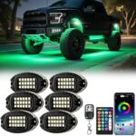 6 Pods Alloy RGBW Rock Lights，LED Upgraded RGB Underglow Lights for ATV UTV Golf Cart Truck RZR SXS Offroad Jeeps, Waterproof Metal Multicolor Neon Underglow Kit with APP/RF Remote Music Mode,12V