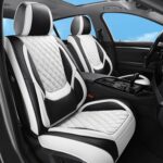 Car Seat Covers Full Set, Luxury Leather Waterproof Non-Slip Seat Protector Universal Fit for Most Cars SUVs Trucks Pick-ups,White and Black Car Accessories Interior(Full Set White)