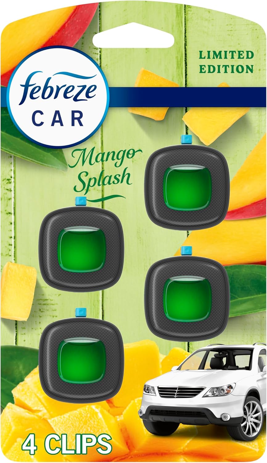 81FLfwFL2fL._AC_SL1500_.jpg Febreze Car Air Freshener Vent Clip Multipack Mango Splash Scent, Long Lasting Smell Fighter for Strong Odors Car Febreze Clip Automotive Vent Air Freshener 4 Count - Image 1
