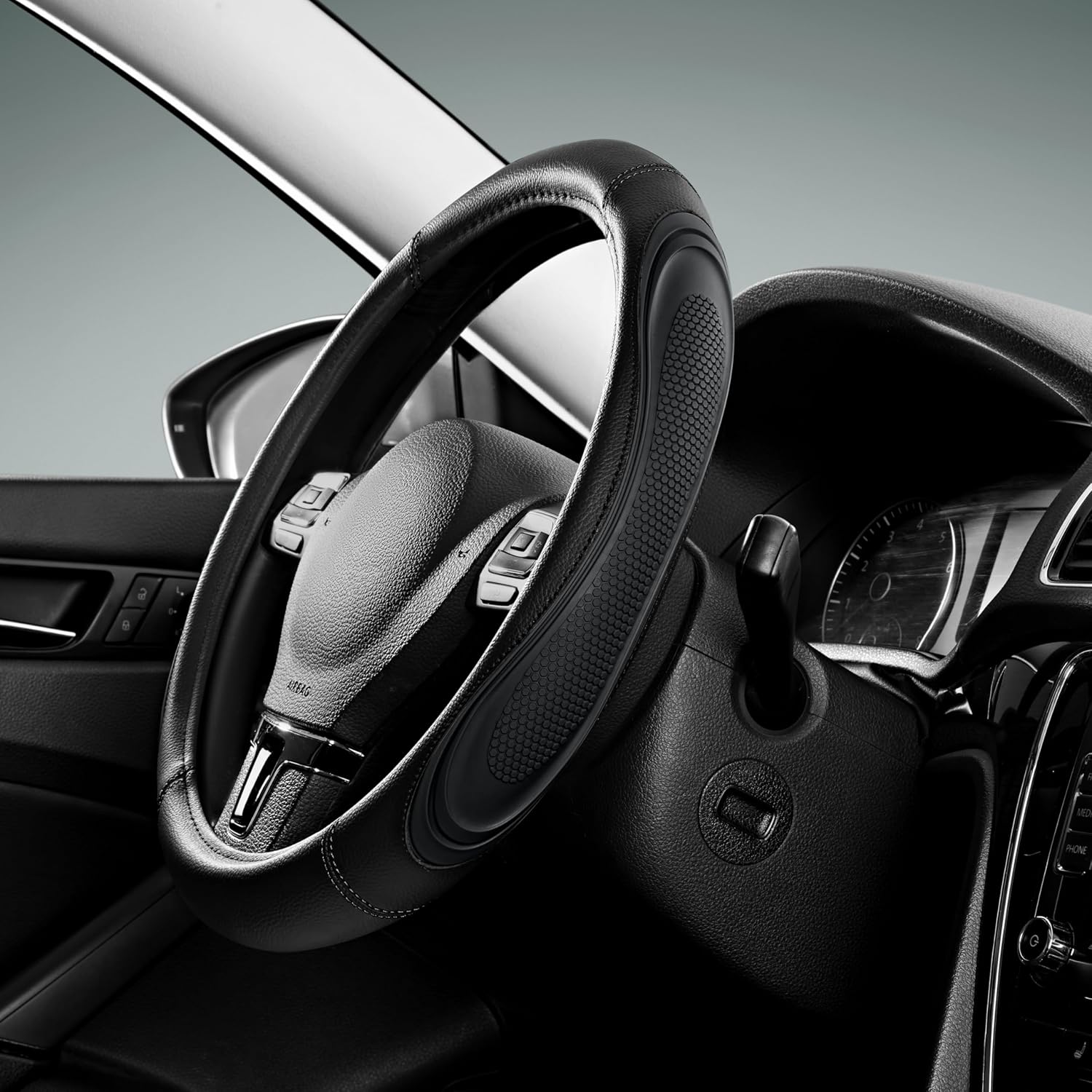 81FgLhHy6OL._AC_SL1500_.jpg Road Comforts Car Steering Wheel Cover - Microfiber Leather Steering Wheel Wrap Sports 14.5-15 Inch Steering Wheel Cover Non-Slip for Men Women Black Color - Image 1