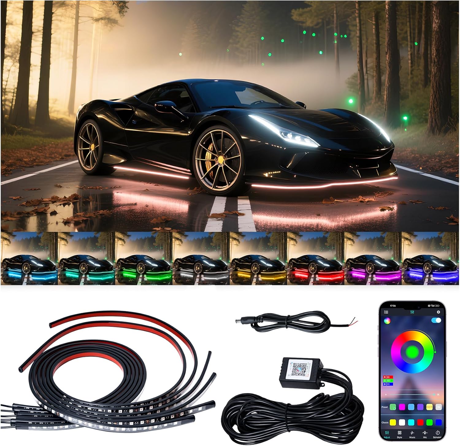 81Fi84cWTkL._AC_SL1500_.jpg Underglow LED Lights for Cars - 6PCS RGB Neon Light Kit with 360 LEDs, Bluetooth APP Control, 8 Colors/Music Sync, Waterproof PVC Strips for Cars, Trucks, SUVs - Image 1