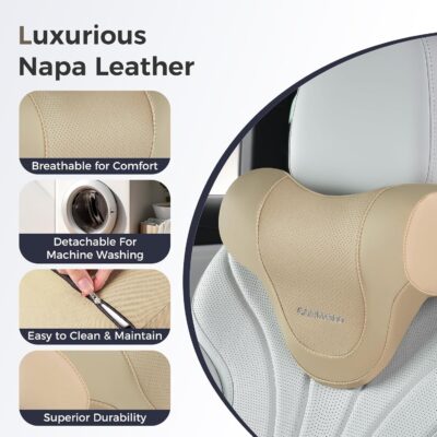 Coverado Car Headrest Pillow, Ergonomic Memory Foam Car Neck Pillow for Driving Seat with Adjustable Strap, Soft PU Leather Breathable Removable Cover Neck Support for Neck Pain Relief - Beige - Image 5