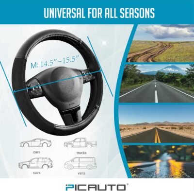 PIC AUTO Steering Wheel Cover, Silk Grain Leather Car Steering Wheel Protector, Comfortable Grip, Universal 14.5-15.5 Inch Anti-Slip Steering Wheels Accessories for Men & Women (Black) - Image 6