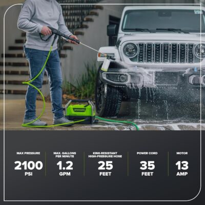 Greenworks 2100 PSI (SGS Certified) 1.2 GPM 13Amp Compact Electric Pressure Washer Telescoping Handle Power Washer for Cars, Driveways, Patios, Patio Furniture & Around Pools - Image 3