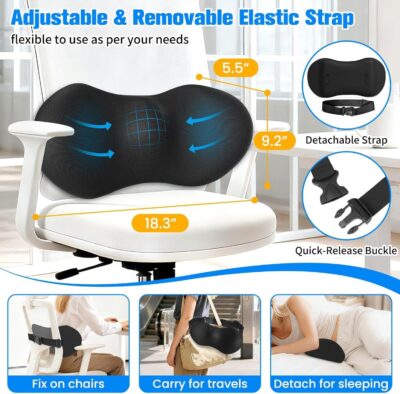Lumbar Support Pillow for Office Chair - Memory Foam Lumbar Pillow with Detachable Strap & Breathable Cover, Ergonomic Back Support for Office Chair, Car Seat Cushion, Bed Rest (Black) - Image 3