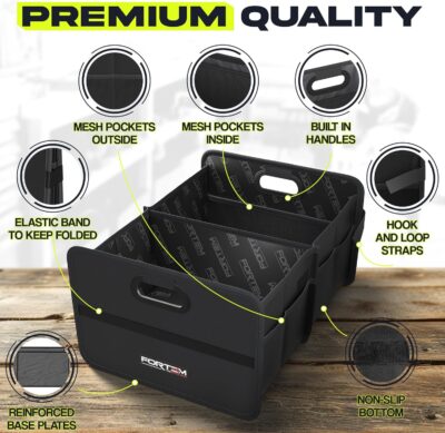 FORTEM Car Trunk Organizer, Collapsible Two Compartment Organizer, Foldable SUV & Truck Storage for Car Accessories for Women Men, Non Slip Bottom, Sturdy Side Walls, Strong Handles, 60L - Image 2