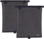 Nuby 14" Roller Vehicle Side Window Sun Protection Shade for Baby | 2 Pack | Pull Down with Suction Cups and Press Button Roll Up | Black
