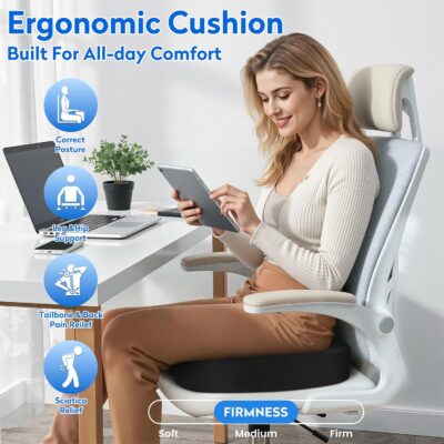 Seat Cushion - Memory Foam Office Chair Cushion for Sciatica, Tailbone & Back Pain Relief - Orthopedic Coccyx Pillow for Car, Airplane, Pregnancy & Long Sitting at Work, Black - Image 6