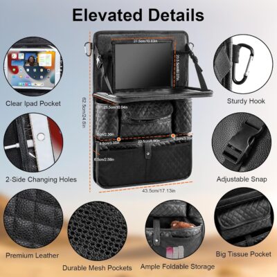 Car Seat Organizer with Foldable Table Tray - 11 Storage Pockets PU Leather Backseat Organizer with Tablet Holder, Seat Back Protector Kick Mat for Kids Family Road Trip Accessories (Black) - Image 4