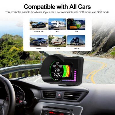 Head Up Display HUD F16 with OBD2 + GPS Dual System Digtial Speedometer, 3.5" IPS Smart Gauge, Speed, Voltage, Engine RPM, OverSpeed Warning, Water Temperature, Turbo Pressure for Cars After 2008 - Image 6