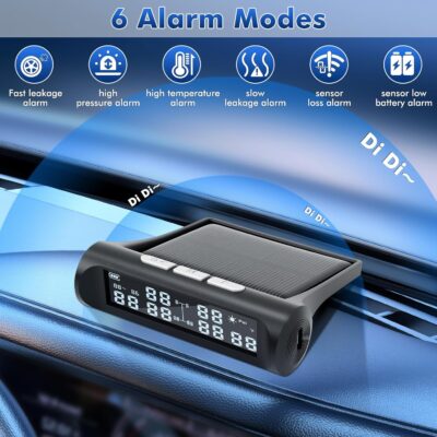 Tire Pressure Monitoring System,RV TPMS,5 Alarm Modes,Real-time Tire Pressure&Temp LCD Display,IPX67 Waterproof,Wireless Solar System&USB Charge,TPMS for 6 Wheeled RV/Trailer/Truck/Sedan(0-144psi) - Image 2