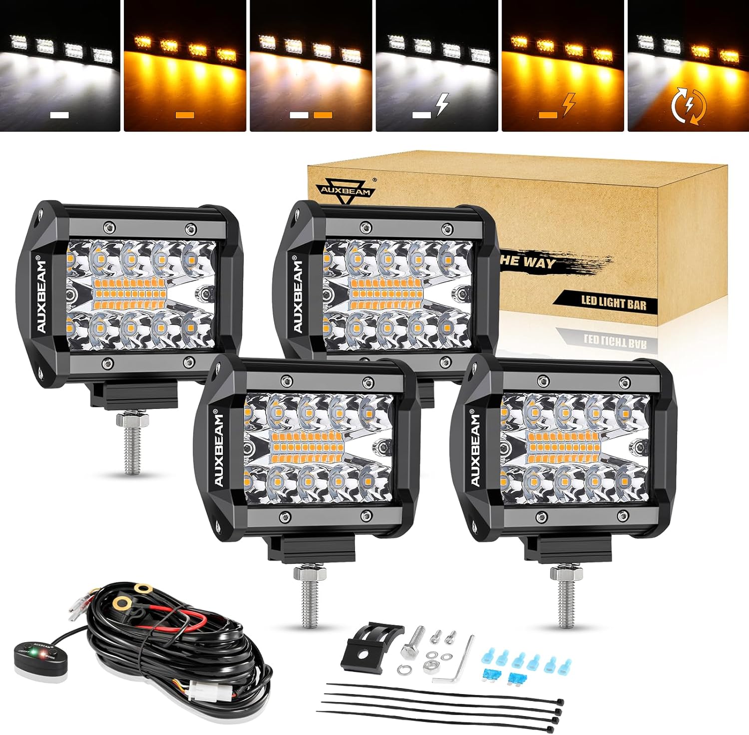 81HKDHST9VL._AC_SL1500_.jpg Auxbeam 4 Inch 240W LED Pods, Amber White Fog Light 6 Modes Strobe Lights for Work Truck, Dual Color Combo Offroad Driving Light for Jeep ATV Utv Car, 4 Packs - Image 1