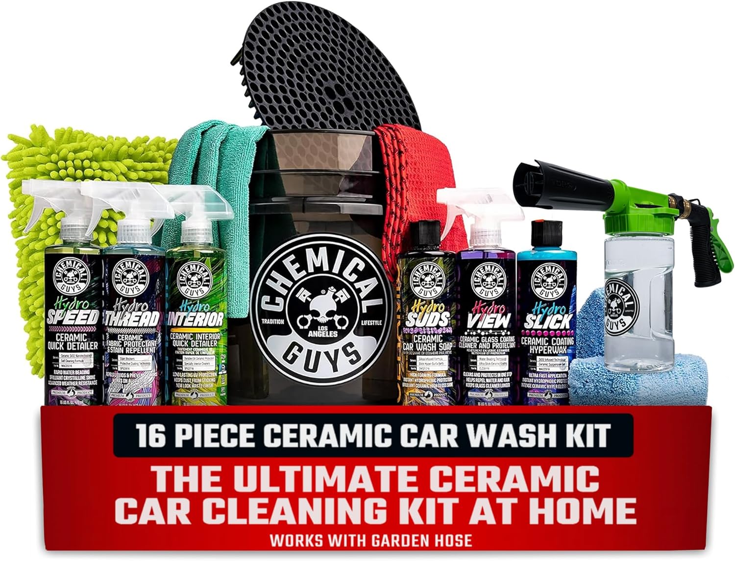 81HKthDW-EL._AC_SL1500_.jpg Chemical Guys HOL362 16-Piece Arsenal Builder Ceramic Car Wash & Protection Kit with Foam Gun, Bucket and (6) 16 oz Car Care Cleaning Chemicals (Works w/Garden Hose) - Image 1