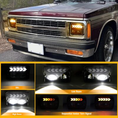 2PCS 4x6 LED Headlights for S10 1995 1996 1997 with High/Low Beam, White DRL Arrow Sequential Amber Turn signals Rectangular DOT 4x6 LED Headlights - Image 2