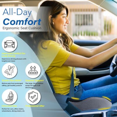 Car Seat Cushion, Ergonomic Memory Foam Car Cushion for Sciatica Pain Relief, Larger Driving Seat Pillow for Short Drivers on Long Drives - Butt Pillow for Truck, Office, Wheelchair - Black&Gray - Image 2