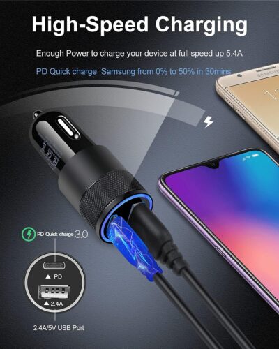 AILKIN 30W PD USB C Car Charger, USB Type C Fast Power Charging Block Dual Port USB A & USBC Plug Cargador Carro Lighter Adapter for iPhone, iPad, Samsung Galaxy, LG, Google Pixel, Moto, USB-C Port - Image 2