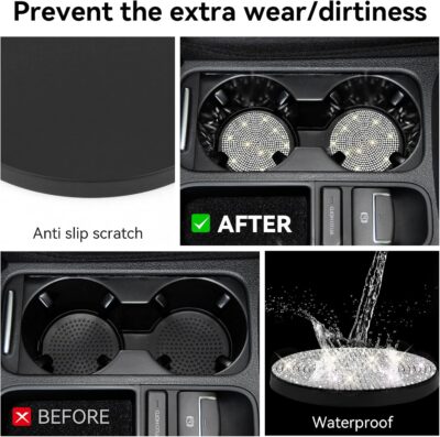 SINGARO Bling Cup Holder Coasters for Car, 2PCS Universal Non-Slip Cup Holder, Embedded Decorative Coasters, Shiny Crystal Car Interior Accessories Gifts for Women (White) - Image 6