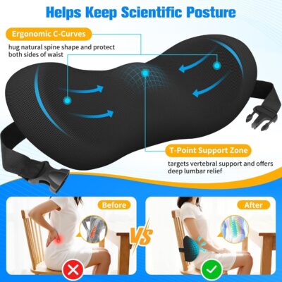 Lumbar Support Pillow for Office Chair - Memory Foam Lumbar Pillow with Detachable Strap & Breathable Cover, Ergonomic Back Support for Office Chair, Car Seat Cushion, Bed Rest (Black) - Image 5