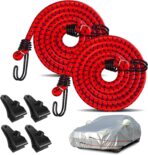Hlogree 2PCS Car Cover Gust Straps Wind Protector,Bungee Cords Hook Clips Kit Hold Tarp Tie Down from Blowing Off in High Winds-Universal Fit for Most Cars,Sedans,SUVs,Trucks,Vans and More-Red