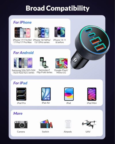 Car Charger USB C, 4-Port 90W Super Fast Charging Car Phone Charger Accessories Dual USB-C & USB-A Cargador Carro Cigarette Lighter Adapter for iPhone 17 16 15 14 13 12, iPad, Galaxy, Tablet, Android - Image 5