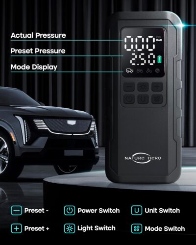 Tire Inflator Portable Air Compressor - 150PSI Cordless Portable Air Pump for Car Tires with Pressure Gauge & LED Lights - 3X Faster Tire Pump for Car, Motorcycle, Balls and Bicycle, Black - Image 6