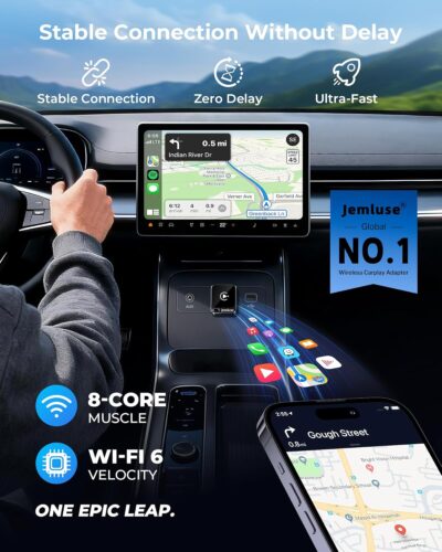 Jemluse Wireless CarPlay Adapter for Apple - Mini Size, Fast Stable Connection Convert Wired to Wireless Car Play Dongle for iPhone iOS 10+, Plug & Play for Cars from 2016+ w/USB-C (Black) - Image 2