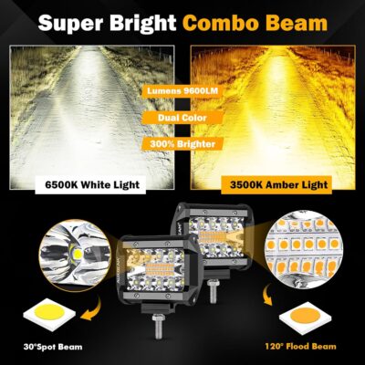 Auxbeam 4 Inch 240W LED Pods, Amber White Fog Light 6 Modes Strobe Lights for Work Truck, Dual Color Combo Offroad Driving Light for Jeep ATV Utv Car, 4 Packs - Image 2