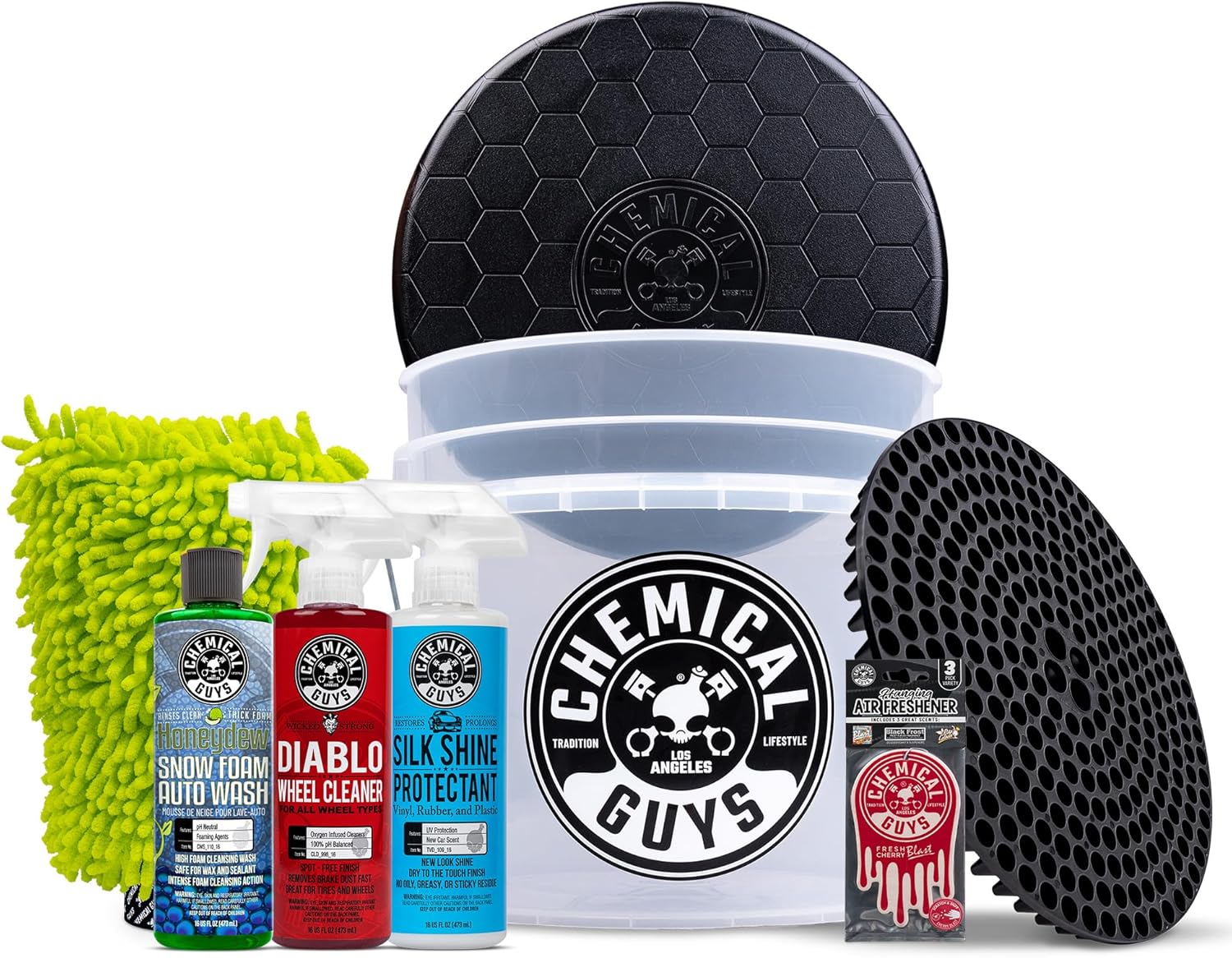 81Im2Xt4ZCL._AC_SL1500_.jpg Chemical Guys 8-Piece Arsenal Builder Car Wash Kit - Includes Bucket, Dirt Trap, Lid, Wash Mitt, Air Fresheners & (3) 16 oz Car Care Chemicals, Complete Cleaning Kit for Trucks, SUVs & More - Image 1