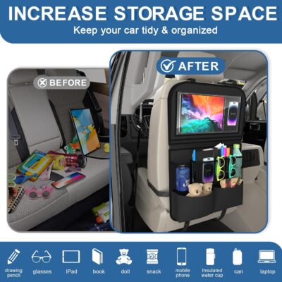 Car Backseat Organizer with Detachable Steering Wheel Tray, 11-Pockets Storage & Tablet Holder, Kids Kick Mats Protector - Travel Accessories (1-Pack) - Image 8