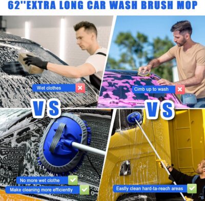 21Pcs Car Wash Kit,62" Car Wash Brush Mop with Long Handle,Car Cleaning Kit,Car Detailing Brush Set,Car Wash Bucket with Filter,Windshield Window Squeegee for Cars RV Truck Boat (Blue) - Image 3