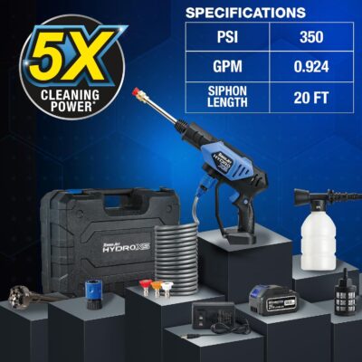 Ontel Turbo Jet HydroX5 Pro Portable Cordless Pressure Washer (21V 3000mAh Battery), 6-in-1 Nozzle, Dual Water Source, 16ft Detachable Hose - Image 12