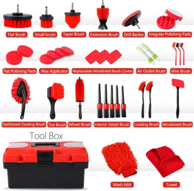 35Pcs Car Detailing Kit, Car Cleaning Kit with Windshield Cleaning Tool and Tool Box, Interior & Exterior Auto Care Supplies and Brushes (B：35PCS-R) - Image 2