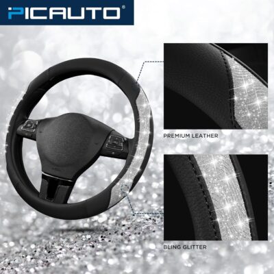 PIC AUTO Steering Wheel Cover, Silver Sparkly Crystal Bling Glitter with Leather, Universal Fit 14.5"-15.5" Car Steering Wheels for Girls & Women, Anti-Slip Wheels Cover for Cars, Trucks, Van, SUVs - Image 3