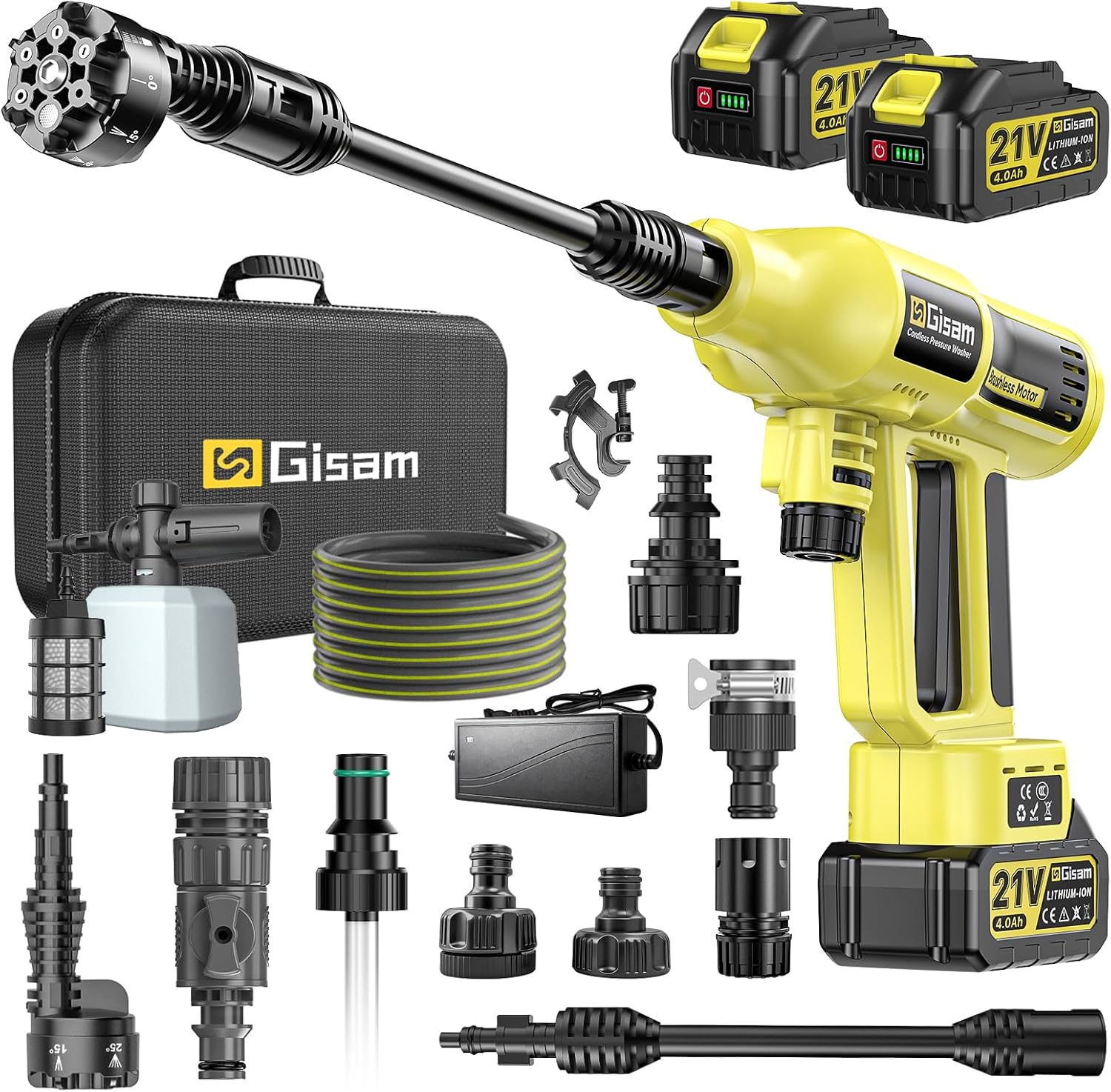 81JngvquS5L._AC_SL1500_.jpg Cordless Pressure Washer, 2200W Brushless Motor, 4 Speed Modes, Max Pressure 1400PSI, 2 x 4.0 Ah Batteries, 6-in-1 Swivel Nozzle, Cleaning Brush, 16.4FT Hose, Cleaning and Garden Irrigation - Image 1