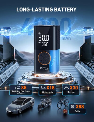 AstroAI L7 Tire Inflator Portable Air Compressor Cordless Mini Bike Pump with Digital Dual Values Display, 150 PSI Car Tires Air Pump with LED Lights&Pressure Gauge for Auto, Motorcycles, Bikes, Balls - Image 3